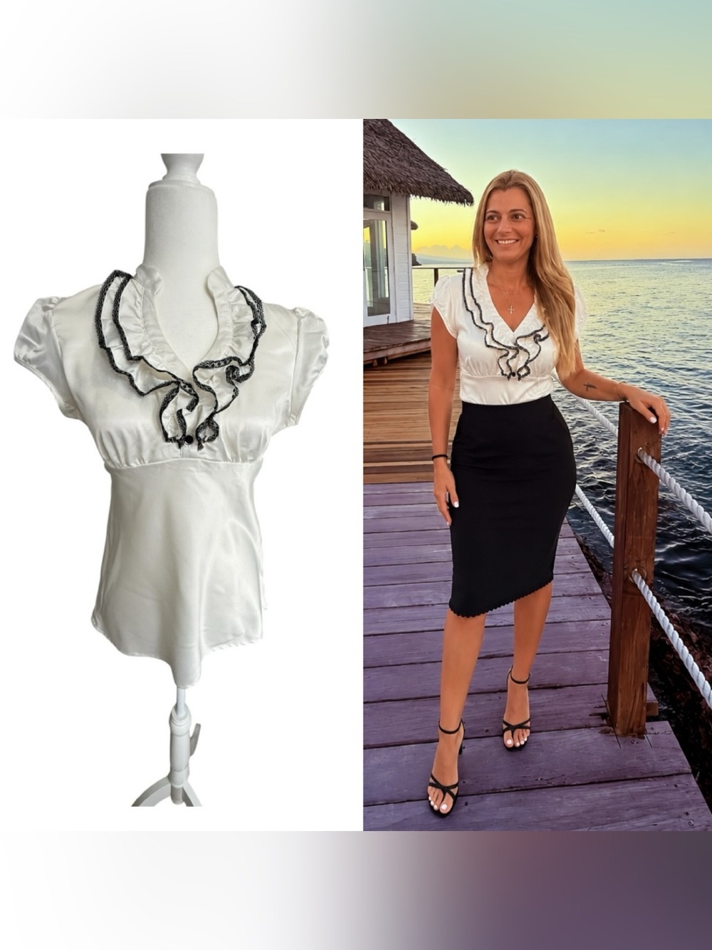 White Satin Ruffle Blouse Womens Small Pearly Sheen Stretch Top Lace Trim Y2K